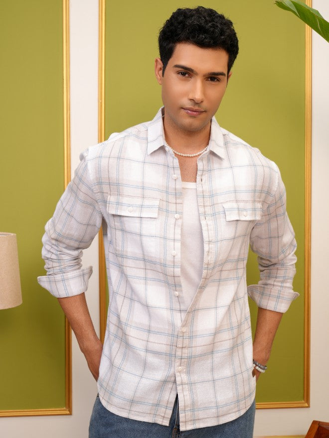 Locomotive Premium Men White Checked Relaxed Fit Casual Shirt - White - Image 1