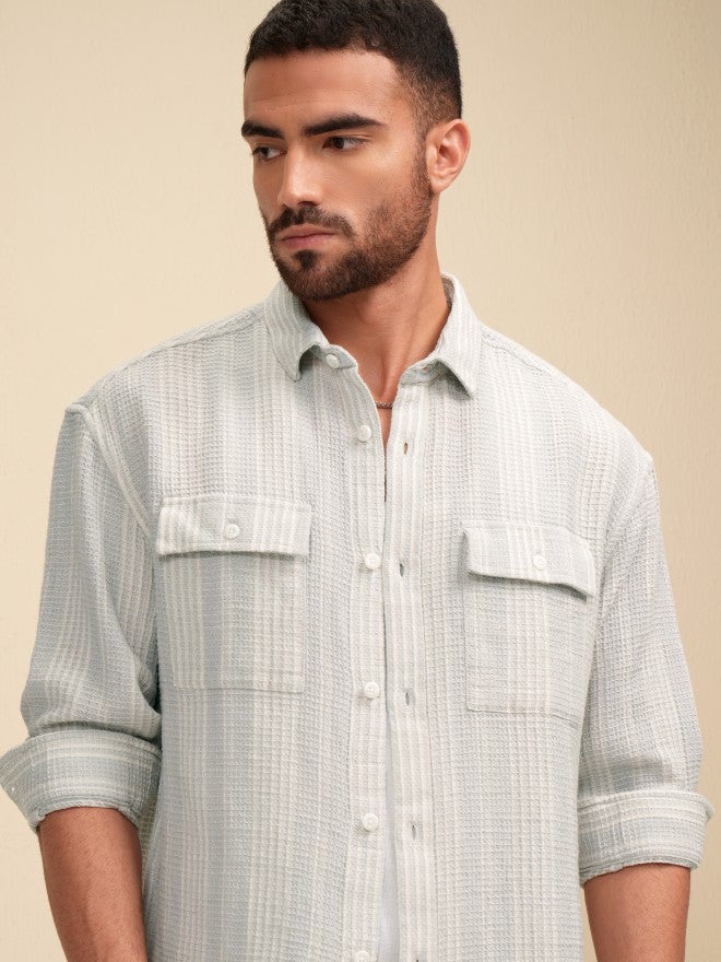 Locomotive Men Grey Striped Relaxed Fit Casual Shirt - Grey - Image 1