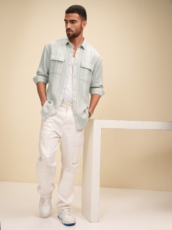 Locomotive Men Grey Striped Relaxed Fit Casual Shirt - Grey - Image 2