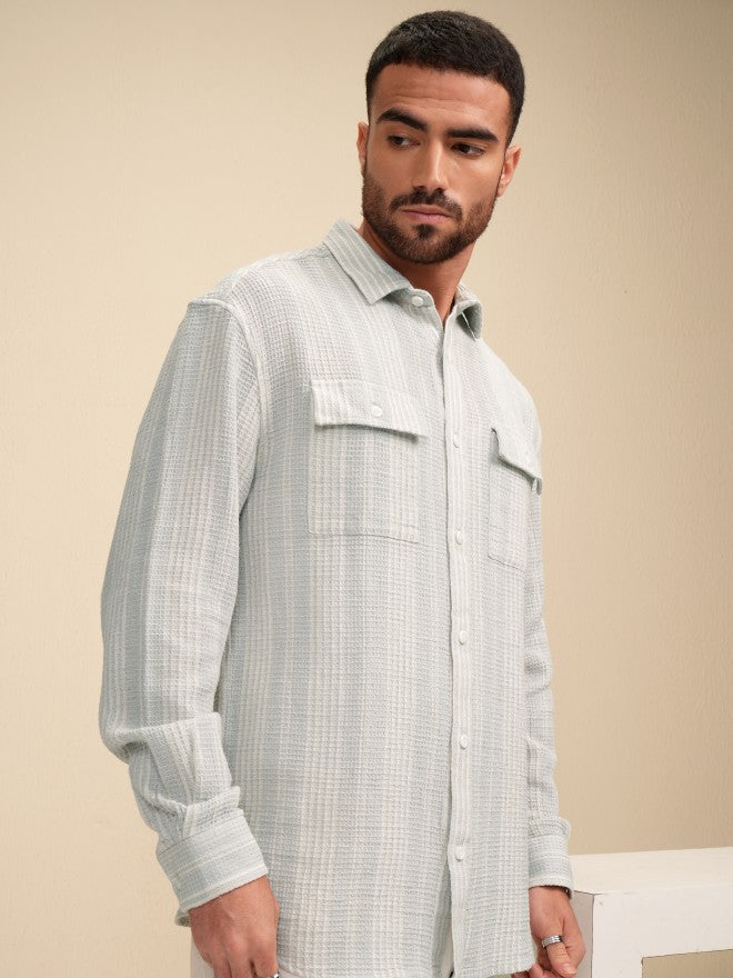 Locomotive Men Grey Striped Relaxed Fit Casual Shirt - Grey - Image 6