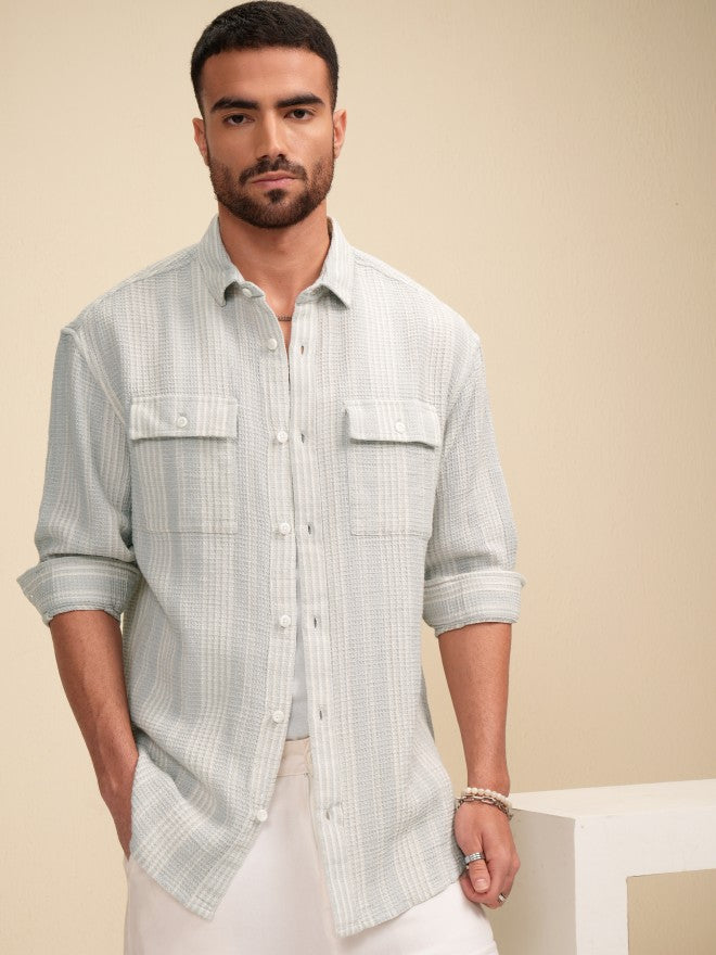 Locomotive Men Grey Striped Relaxed Fit Casual Shirt - Grey - Image 8