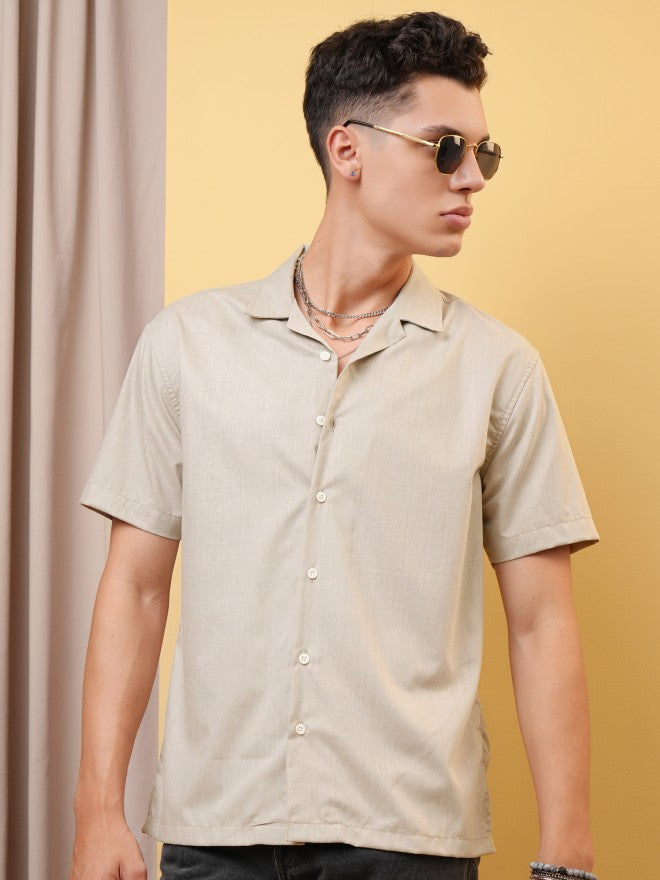 Locomotive Men Beige Solid Relaxed Fit Casual Shirt - Beige - Image 1