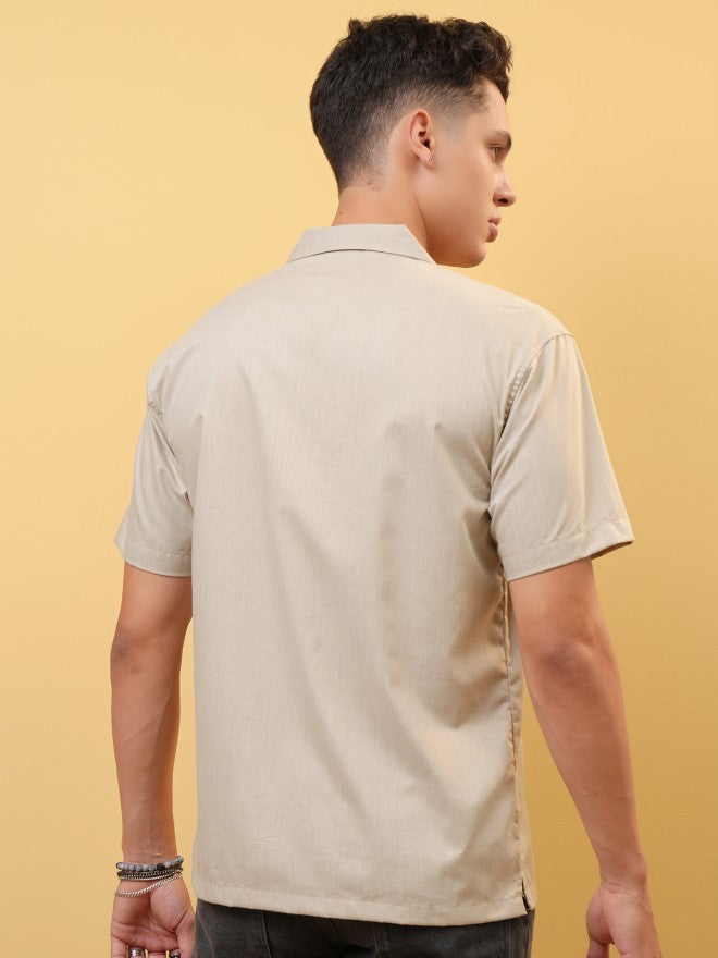 Locomotive Men Beige Solid Relaxed Fit Casual Shirt - Beige - Image 3