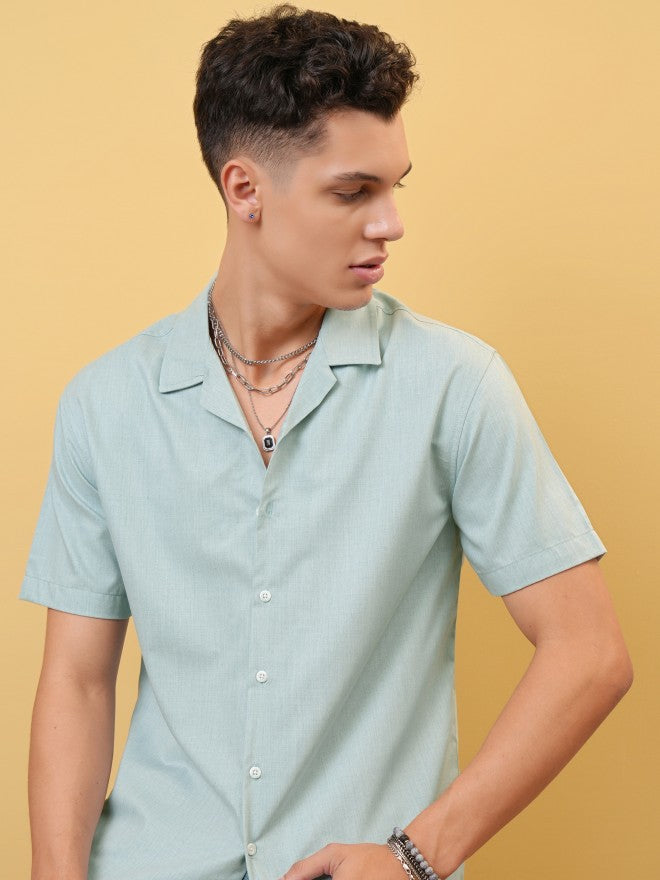 Locomotive Premium Men Green Solid Cuban Collar Relaxed Shirt - Green - Image 1