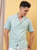 Locomotive Premium Men Mint Striped Cuban Collar Relaxed Shirt - Green - Image 1