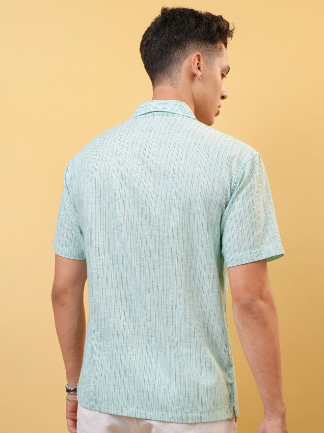 Locomotive Premium Men Mint Striped Cuban Collar Relaxed Shirt - Green - Image 3