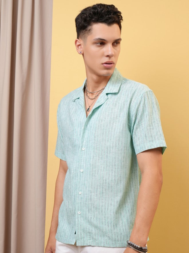 Locomotive Premium Men Mint Striped Cuban Collar Relaxed Shirt - Green - Image 4