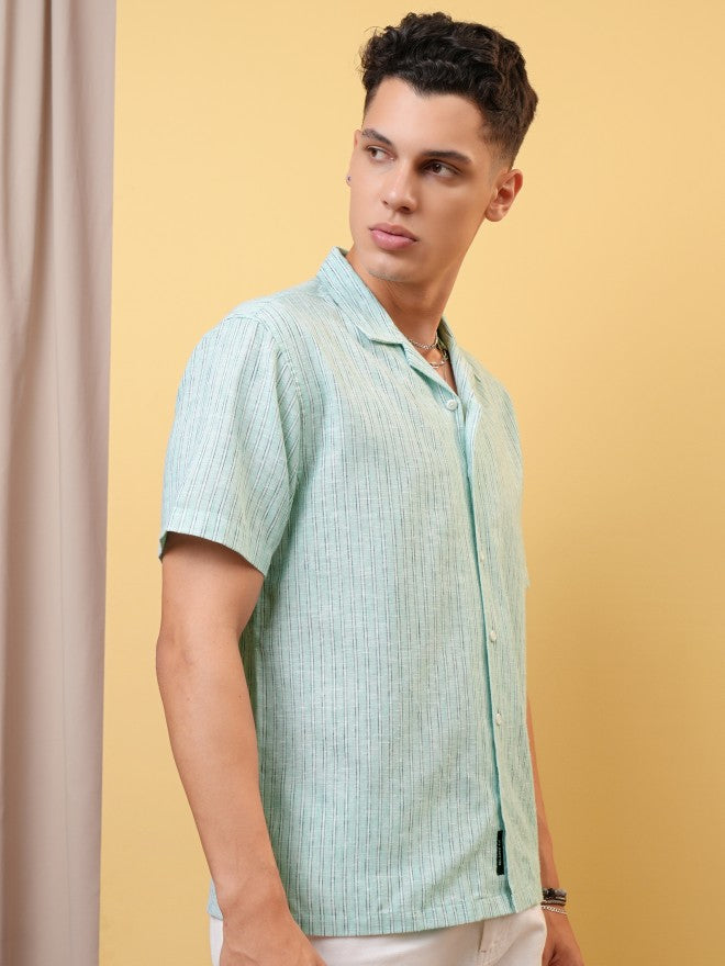 Locomotive Premium Men Mint Striped Cuban Collar Relaxed Shirt - Green - Image 6