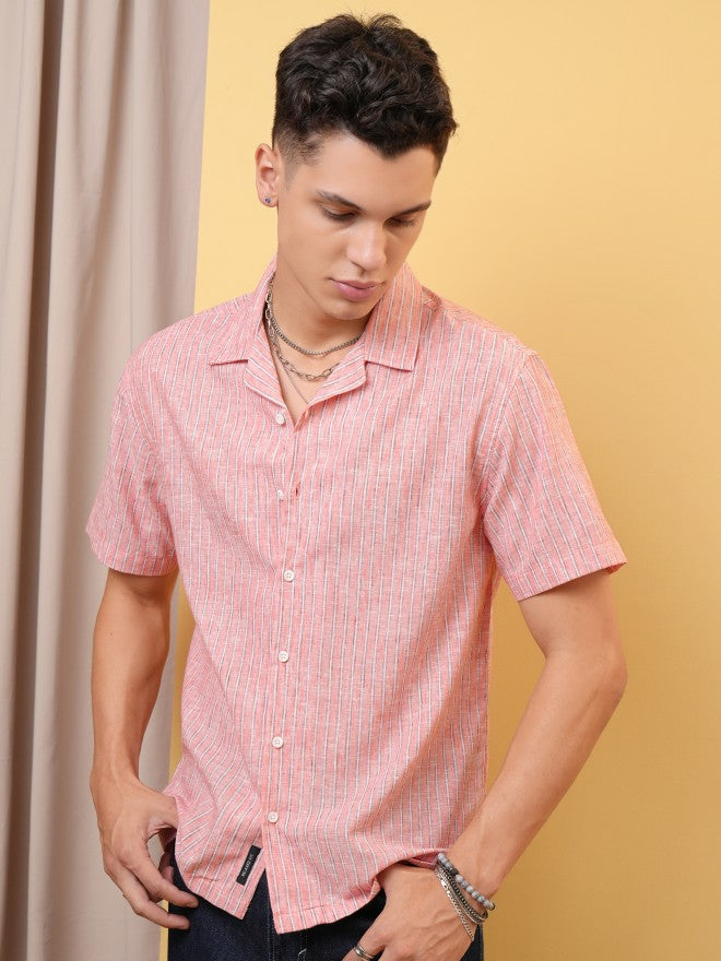 Locomotive Premium Men Coral Striped Cuban Collar Relaxed Shirt - Coral - Image 1