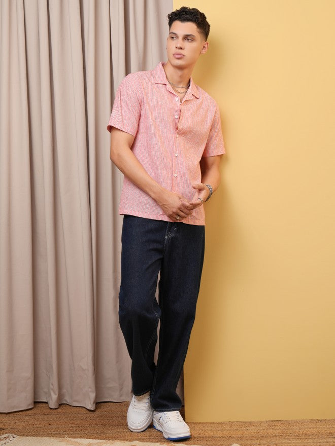 Locomotive Premium Men Coral Striped Cuban Collar Relaxed Shirt - Coral - Image 2