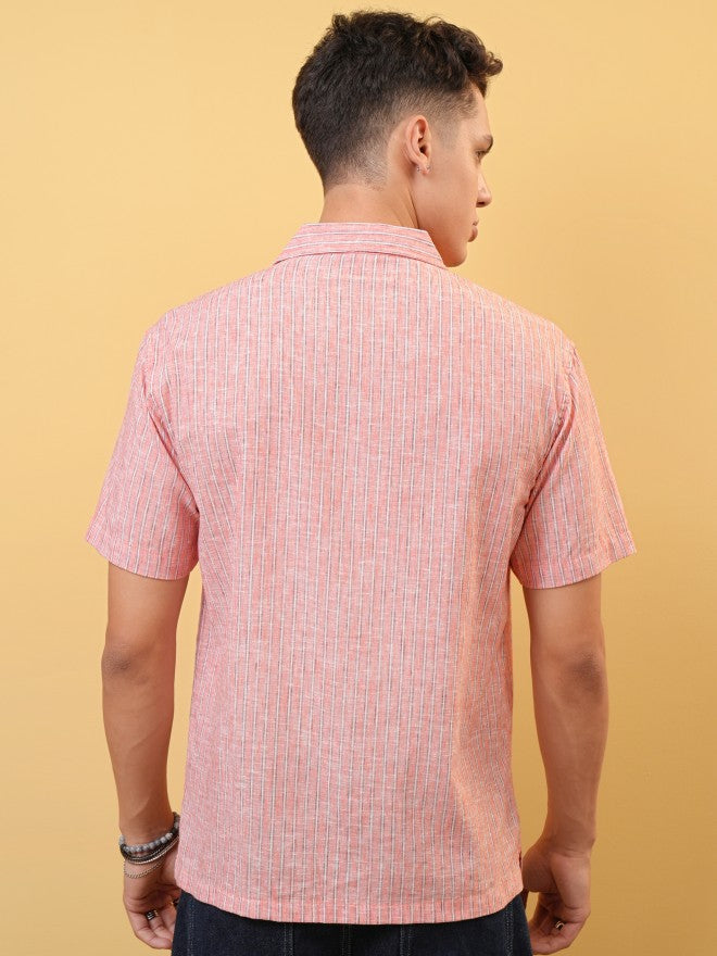 Locomotive Premium Men Coral Striped Cuban Collar Relaxed Shirt - Coral - Image 3