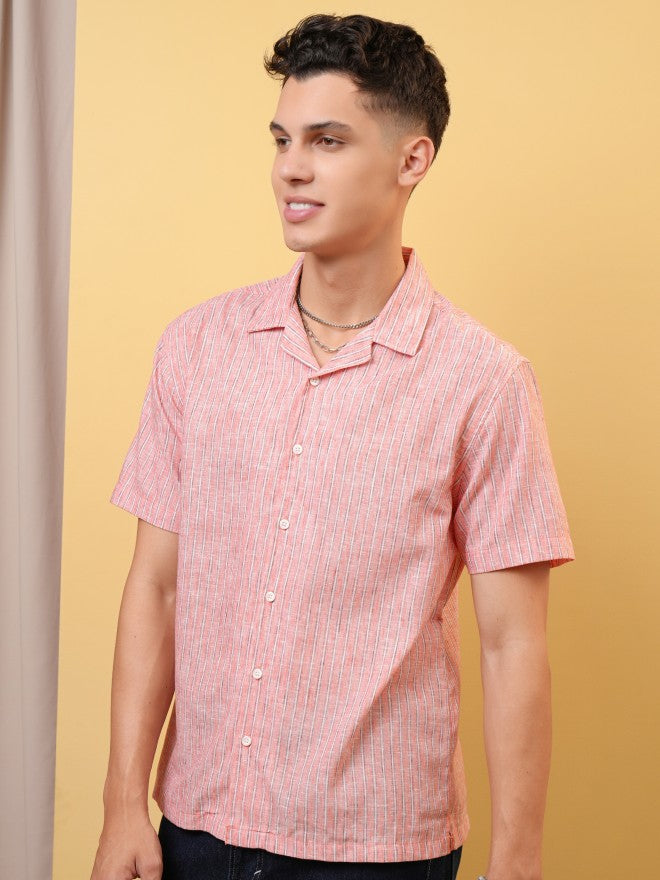 Locomotive Premium Men Coral Striped Cuban Collar Relaxed Shirt - Coral - Image 4