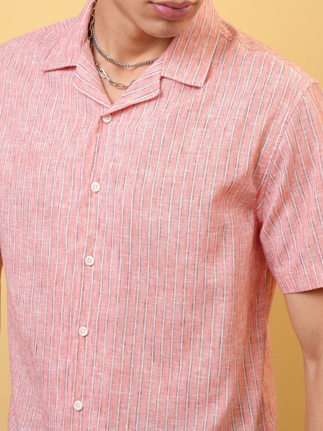 Locomotive Premium Men Coral Striped Cuban Collar Relaxed Shirt - Coral - Image 5