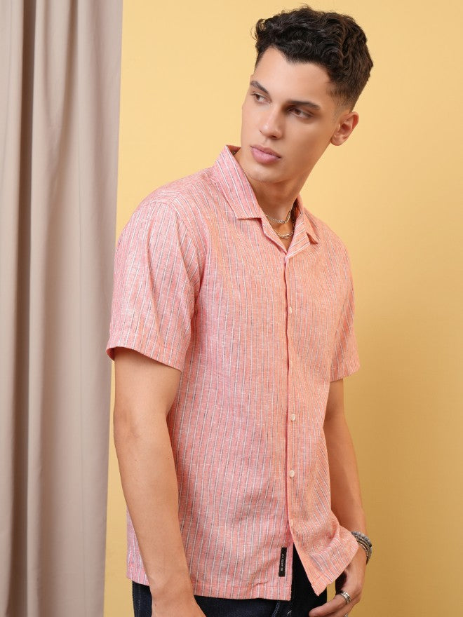 Locomotive Premium Men Coral Striped Cuban Collar Relaxed Shirt - Coral - Image 6