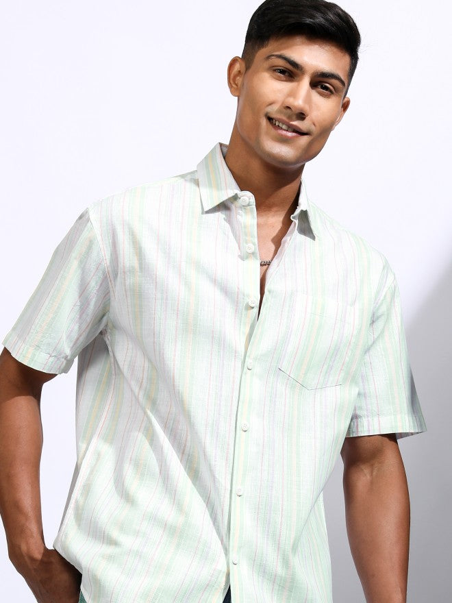 Locomotive Men Green Striped Relaxed Fit Casual Shirt - Green - Image 1
