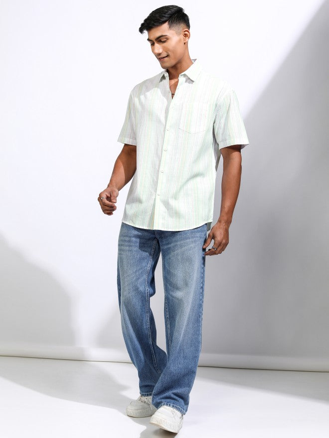 Locomotive Men Green Striped Relaxed Fit Casual Shirt - Green - Image 2