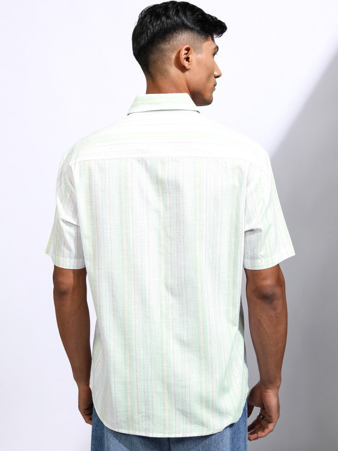 Locomotive Men Green Striped Relaxed Fit Casual Shirt - Green - Image 3