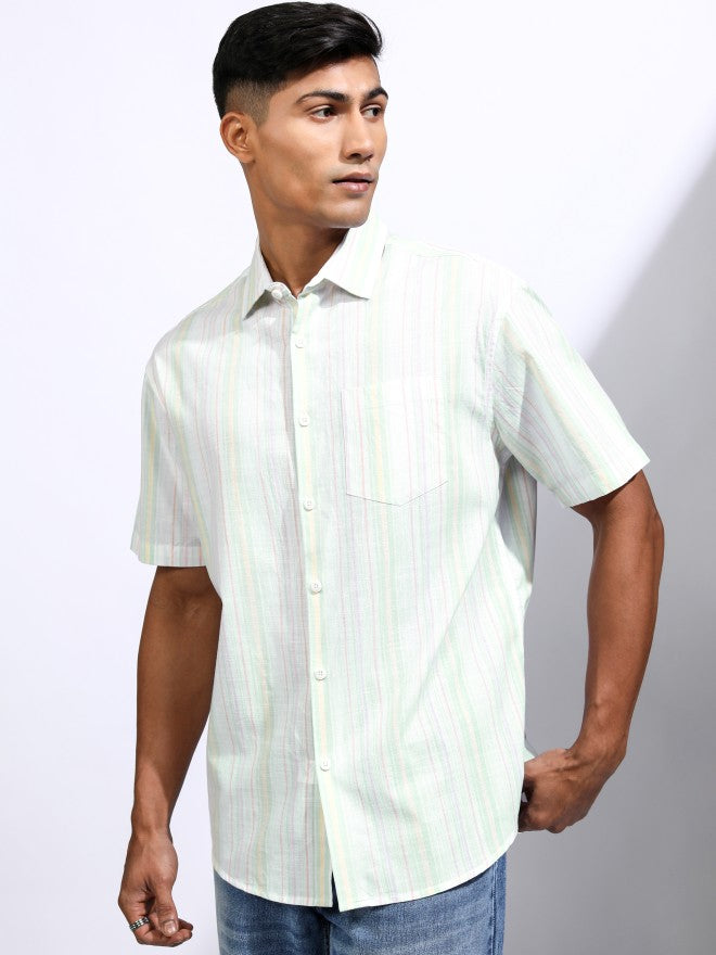 Locomotive Men Green Striped Relaxed Fit Casual Shirt - Green - Image 4