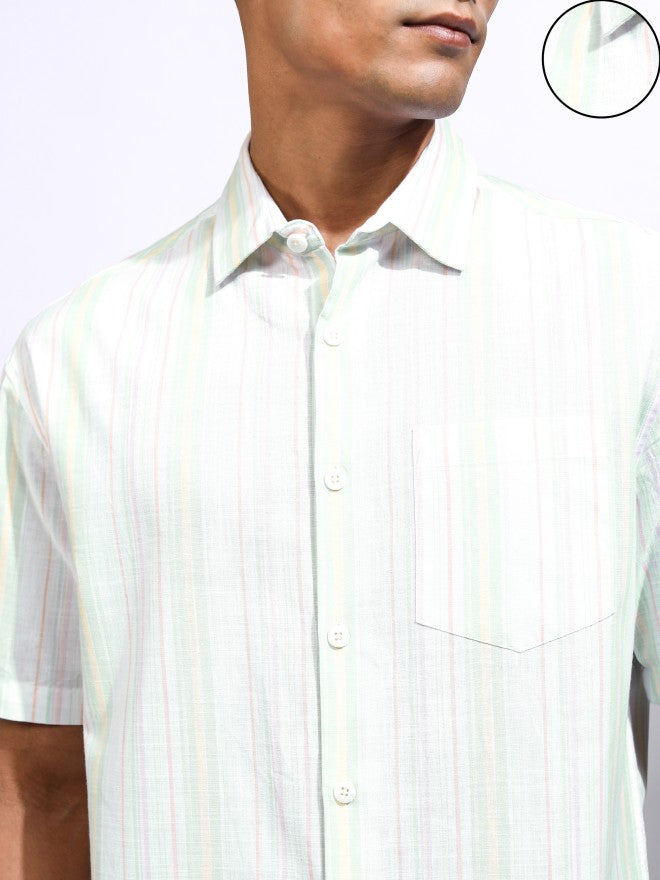 Locomotive Men Green Striped Relaxed Fit Casual Shirt - Green - Image 5