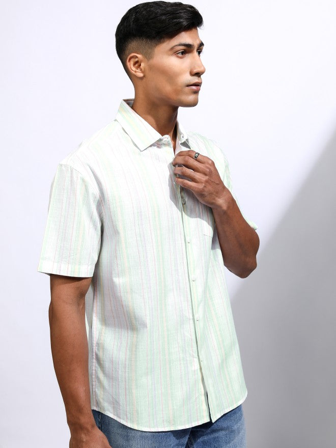 Locomotive Men Green Striped Relaxed Fit Casual Shirt - Green - Image 6