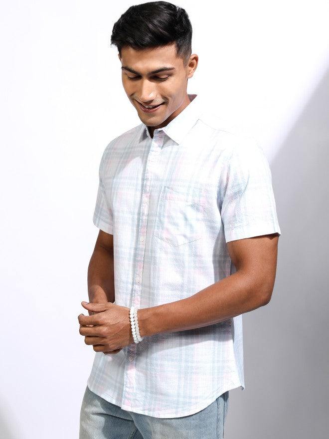 Locomotive Men Blue Checked Regular Fit Casual Shirt - Blue - Image 4