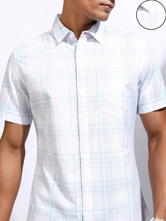 Locomotive Men Blue Checked Regular Fit Casual Shirt - Blue - Image 5