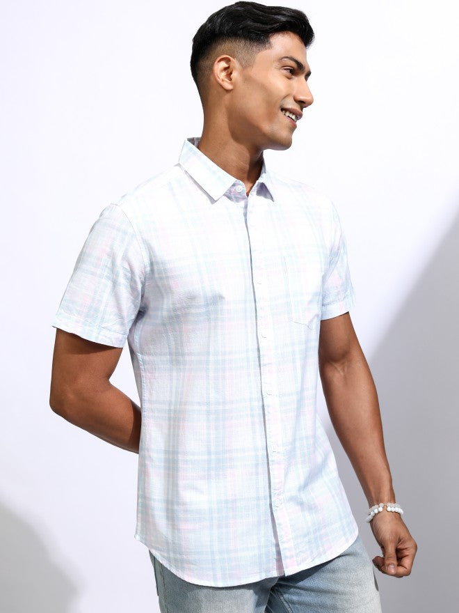Locomotive Men Blue Checked Regular Fit Casual Shirt - Blue - Image 6