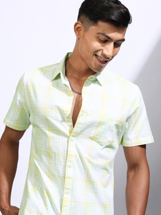 Locomotive Men Yellow Checked Regular Fit Casual Shirt - Yellow - Image 1