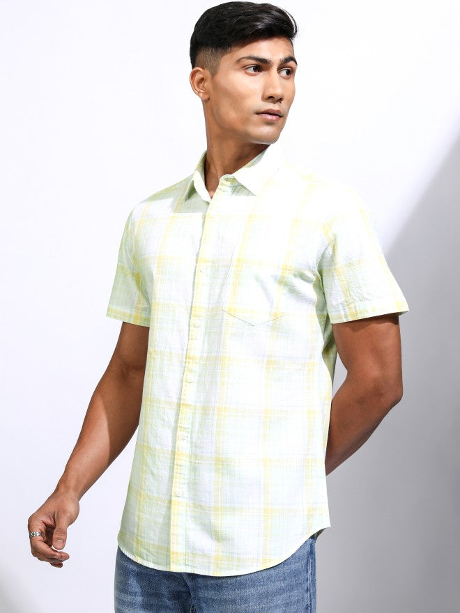 Locomotive Men Yellow Checked Regular Fit Casual Shirt - Yellow - Image 4