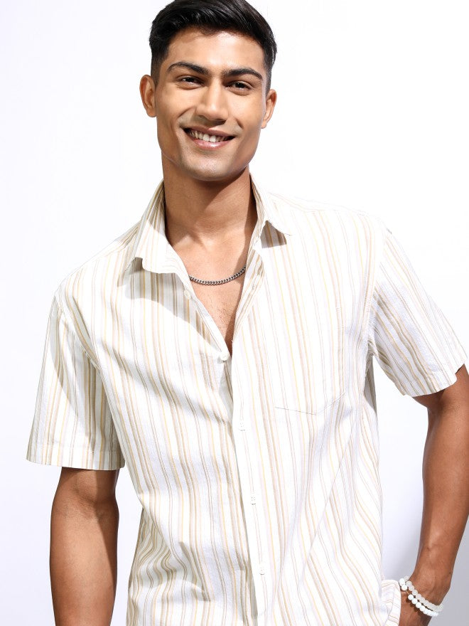 Locomotive Men White Striped Relaxed Fit Casual Shirt - White - Image 1