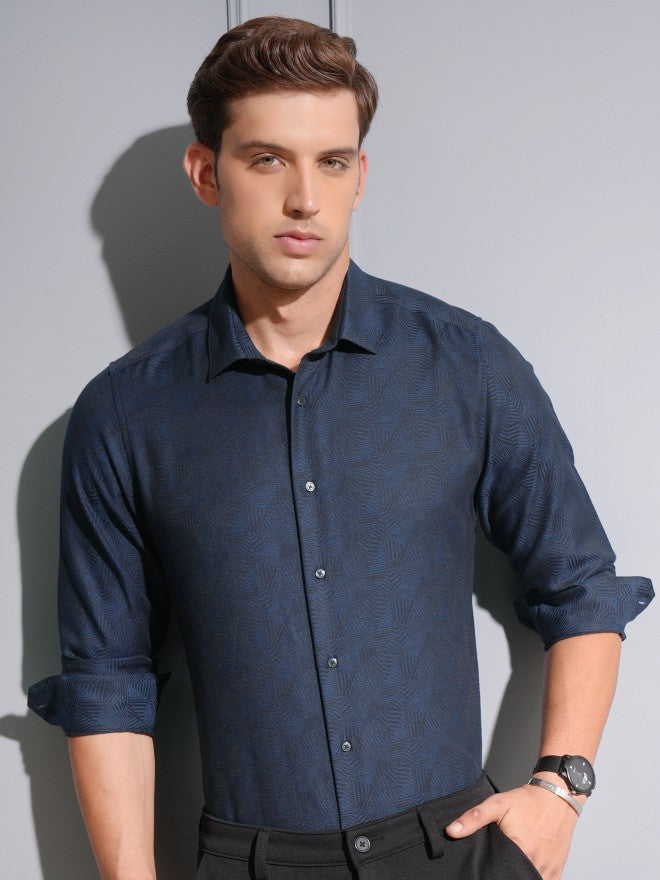 Locomotive Premium Men Navy Jacquard Textured Occasion Shirt - Navy Blue - Image 1