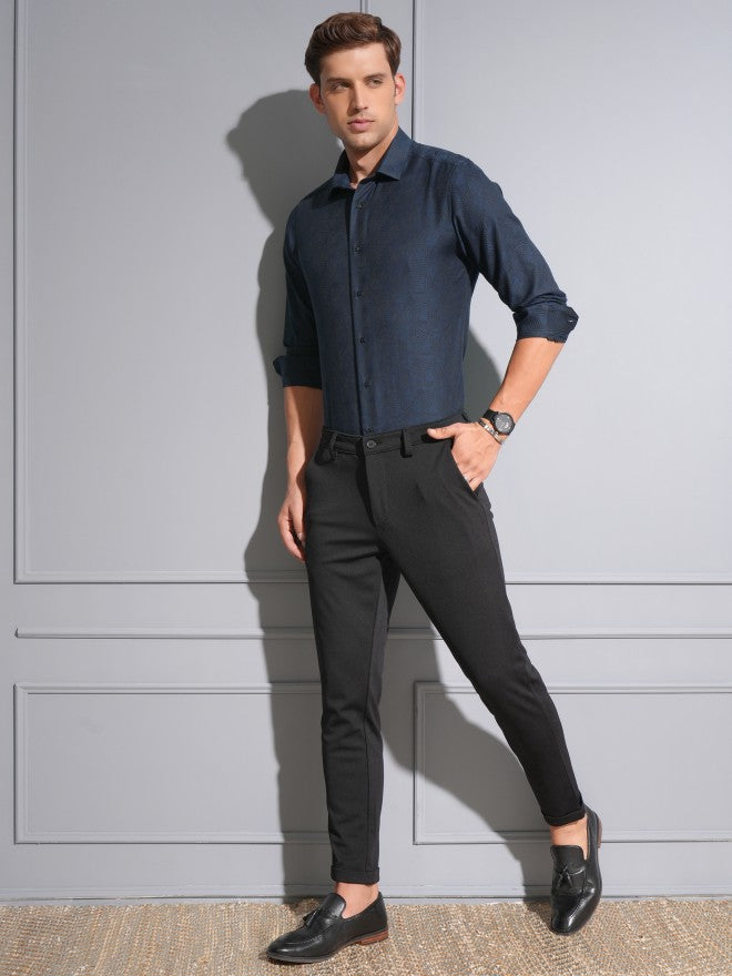 Locomotive Premium Men Navy Jacquard Textured Occasion Shirt - Navy Blue - Image 2