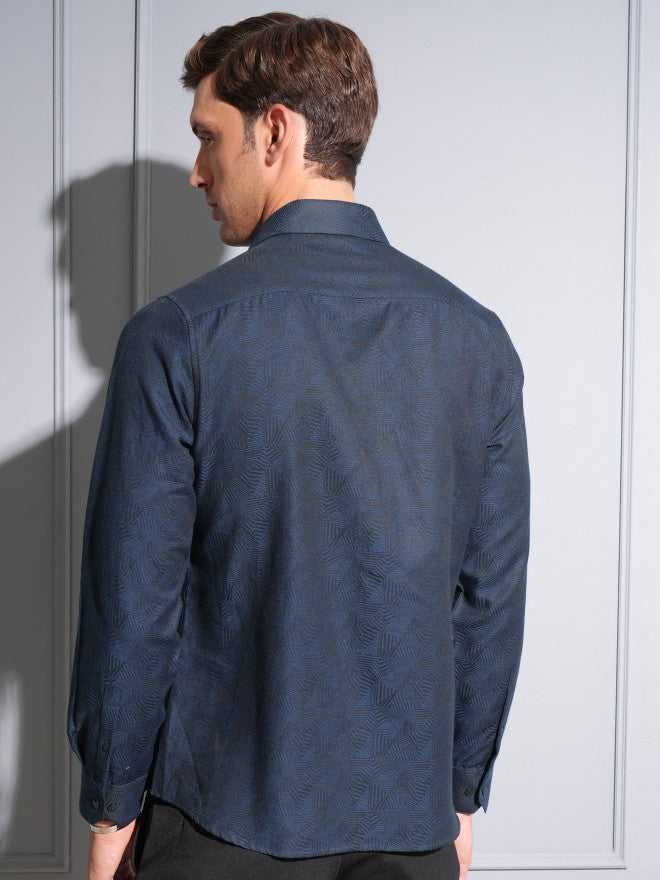 Locomotive Premium Men Navy Jacquard Textured Occasion Shirt - Navy Blue - Image 3