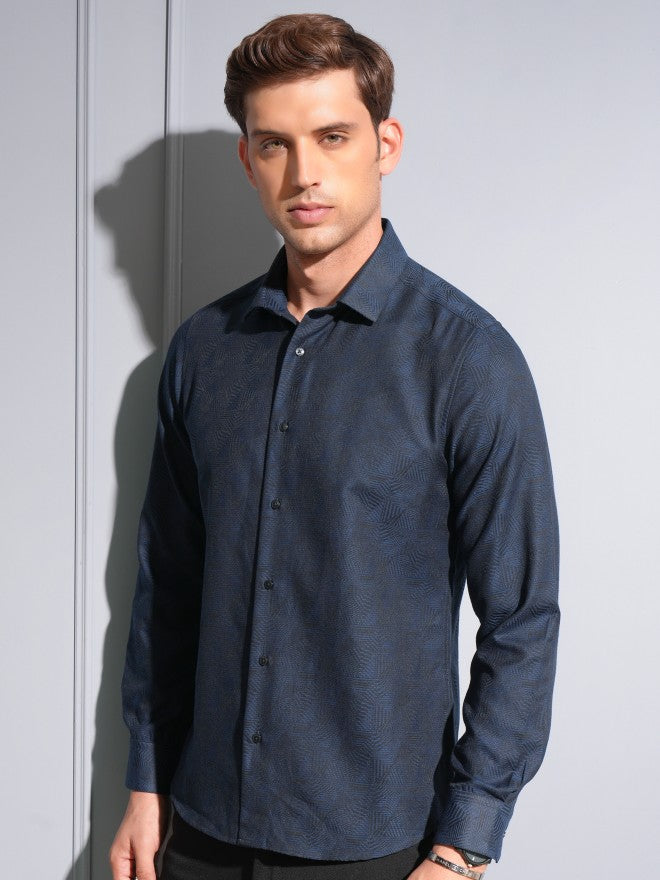 Locomotive Premium Men Navy Jacquard Textured Occasion Shirt - Navy Blue - Image 4