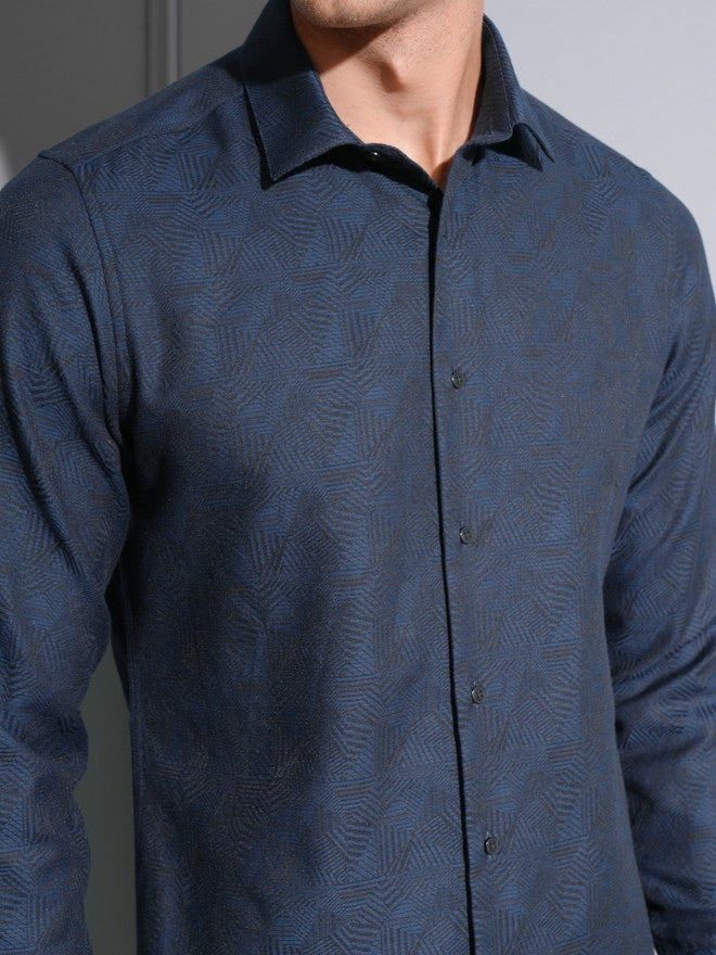 Locomotive Premium Men Navy Jacquard Textured Occasion Shirt - Navy Blue - Image 5