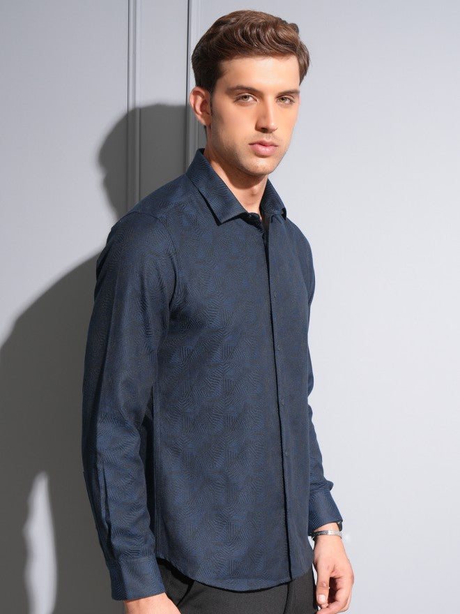 Locomotive Premium Men Navy Jacquard Textured Occasion Shirt - Navy Blue - Image 6