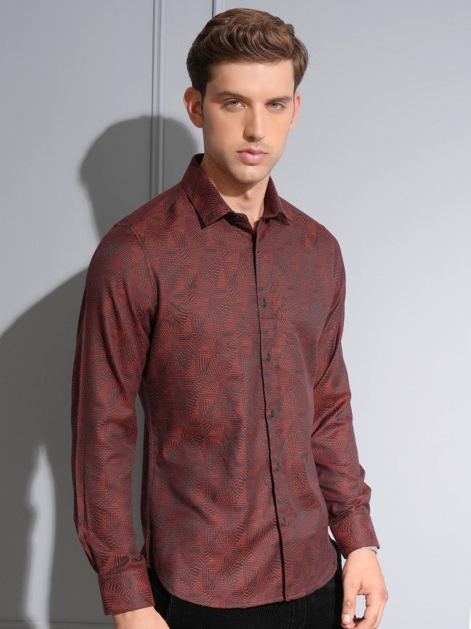 Locomotive Premium Men Maroon Jacquard Textured Occasion Shirt - Maroon - Image 6