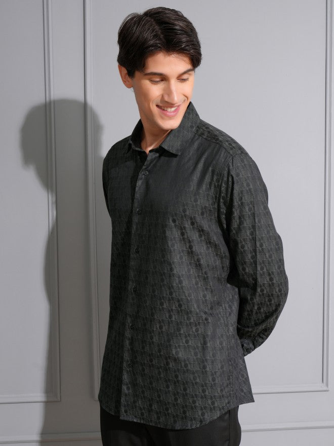 Locomotive Men Grey Textured Slim Fit Casual Shirt - Grey - Image 4