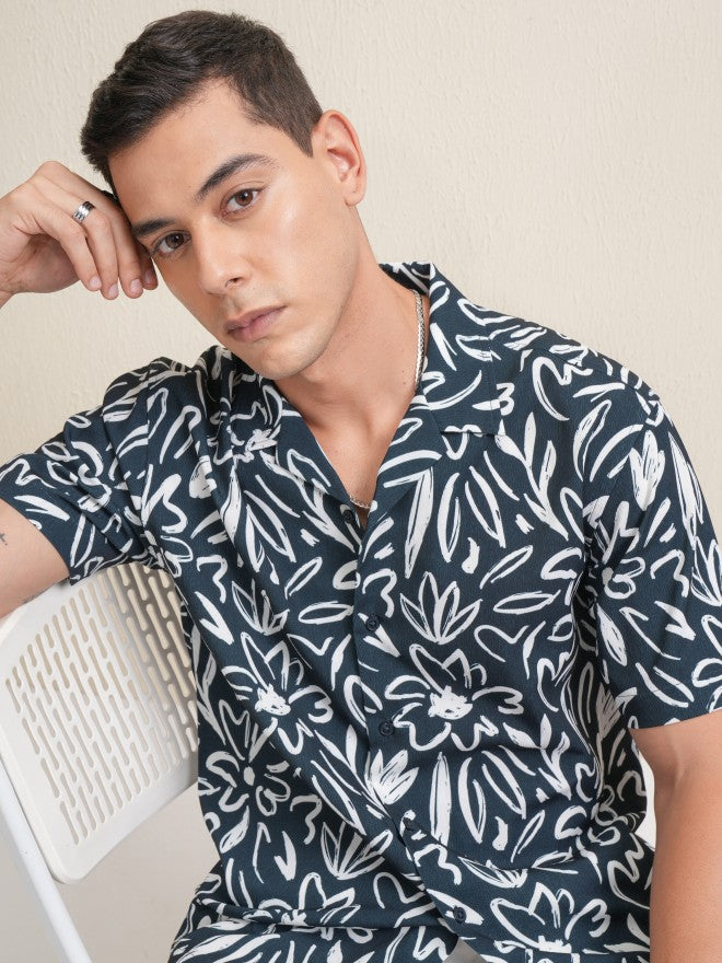 Locomotive Premium Men Navy Blue Printed Relaxed Fit Casual Shirt - Navy Blue - Image 7