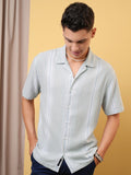 Locomotive Premium Men Light Grey Dobby Textured Checked Cuban Collar Relaxed Shirt - Grey - Image 1