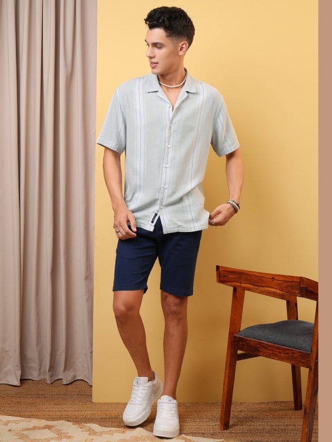 Locomotive Premium Men Light Grey Dobby Textured Checked Cuban Collar Relaxed Shirt - Grey - Image 2