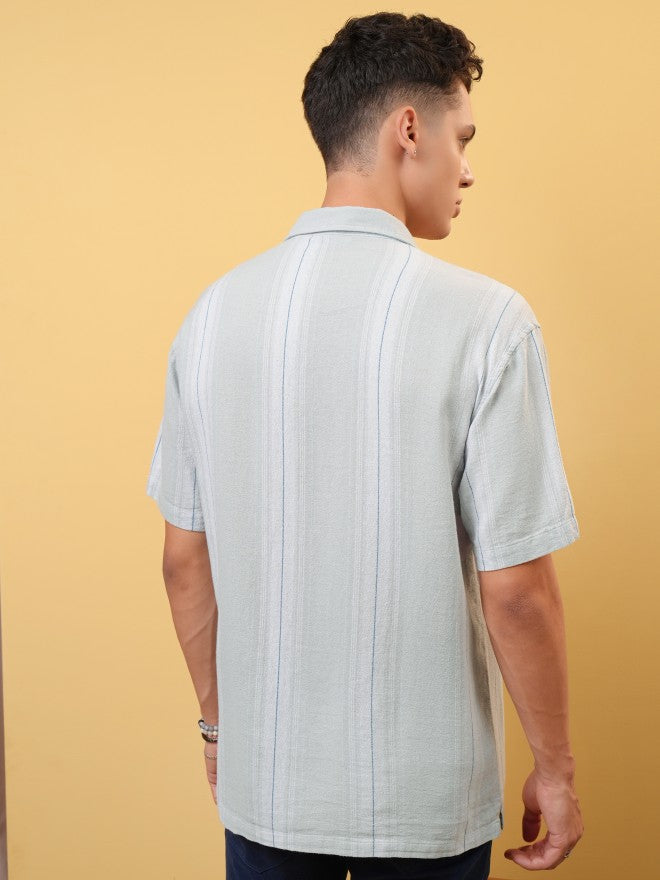 Locomotive Premium Men Light Grey Dobby Textured Checked Cuban Collar Relaxed Shirt - Grey - Image 3
