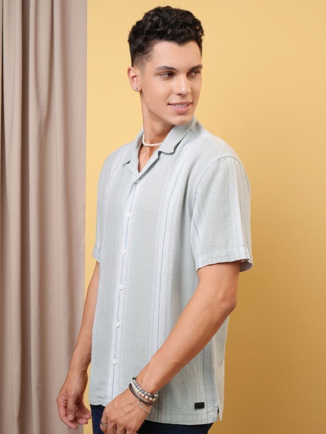 Locomotive Premium Men Light Grey Dobby Textured Checked Cuban Collar Relaxed Shirt - Grey - Image 4