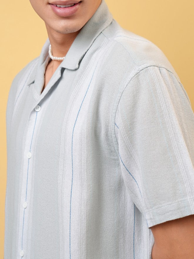 Locomotive Premium Men Light Grey Dobby Textured Checked Cuban Collar Relaxed Shirt - Grey - Image 5