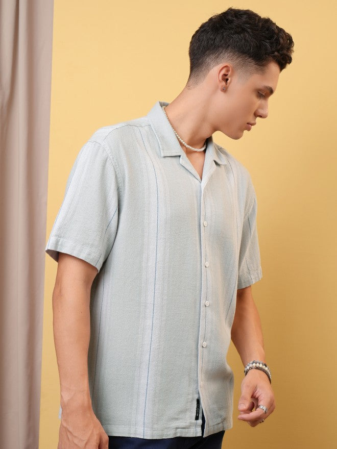 Locomotive Premium Men Light Grey Dobby Textured Checked Cuban Collar Relaxed Shirt - Grey - Image 6