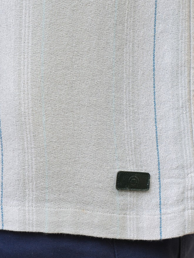 Locomotive Premium Men Light Grey Dobby Textured Checked Cuban Collar Relaxed Shirt - Grey - Image 7