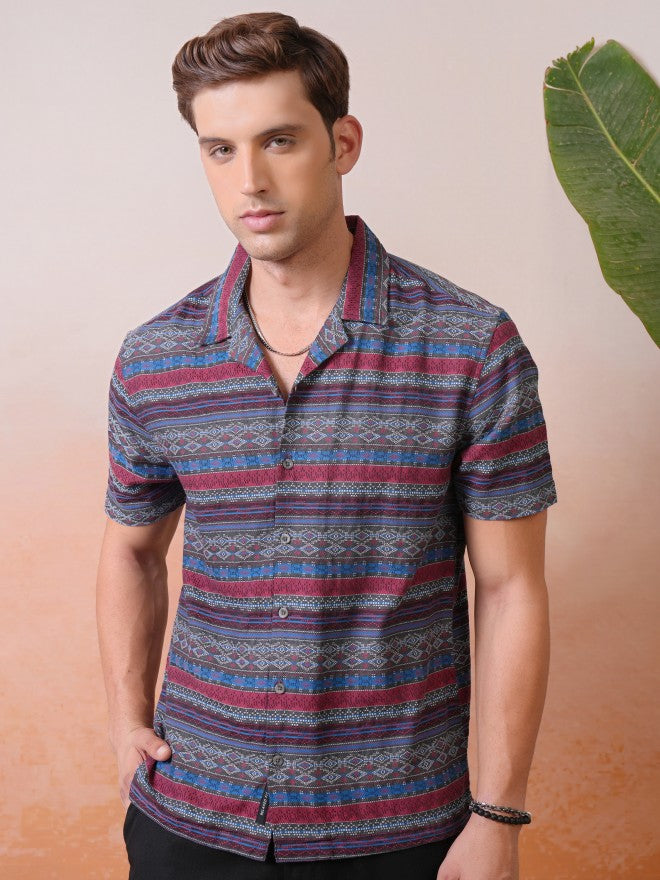Locomotive Premium Men Multi Jacquard Printed Cuban Collar Relaxed Shirt - Multi - Image 1