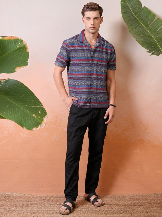 Locomotive Premium Men Multi Jacquard Printed Cuban Collar Relaxed Shirt - Multi - Image 2