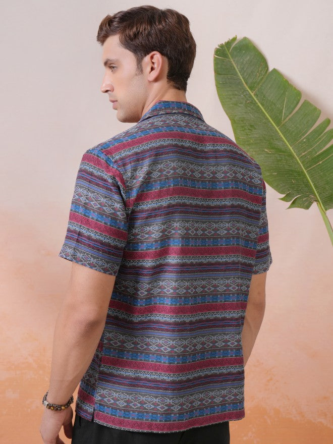Locomotive Premium Men Multi Jacquard Printed Cuban Collar Relaxed Shirt - Multi - Image 3