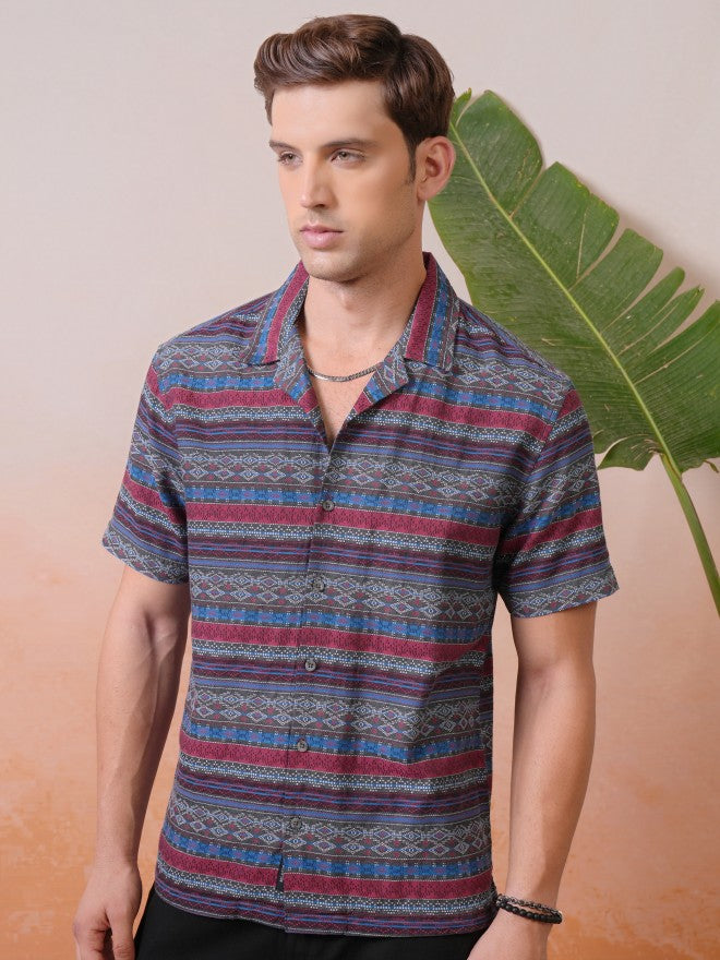 Locomotive Premium Men Multi Jacquard Printed Cuban Collar Relaxed Shirt - Multi - Image 4